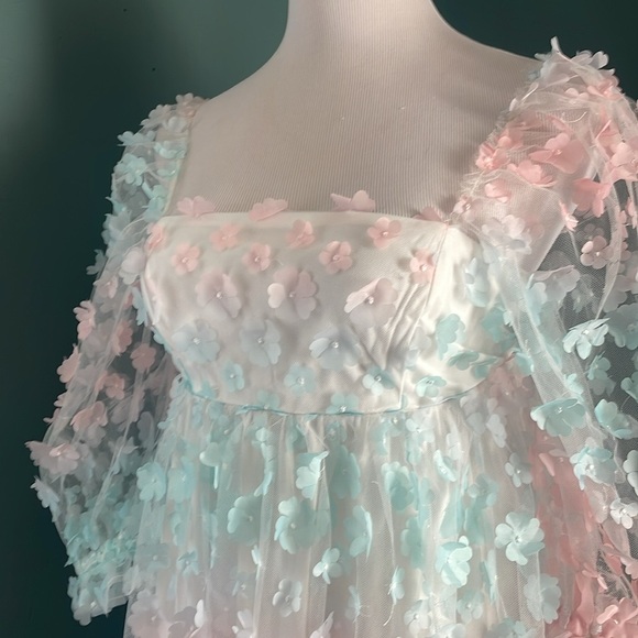 Storia Chic Sheer Floral baby doll Dress with Puff Sleeves - Picture 5 of 11